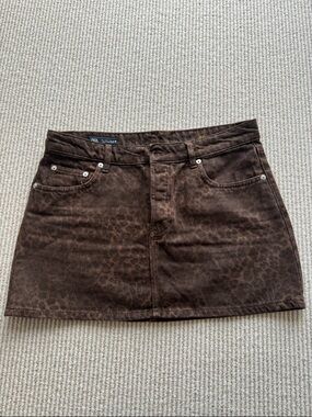 Zara Brown Leopard-Print Denim Mini Skirt
